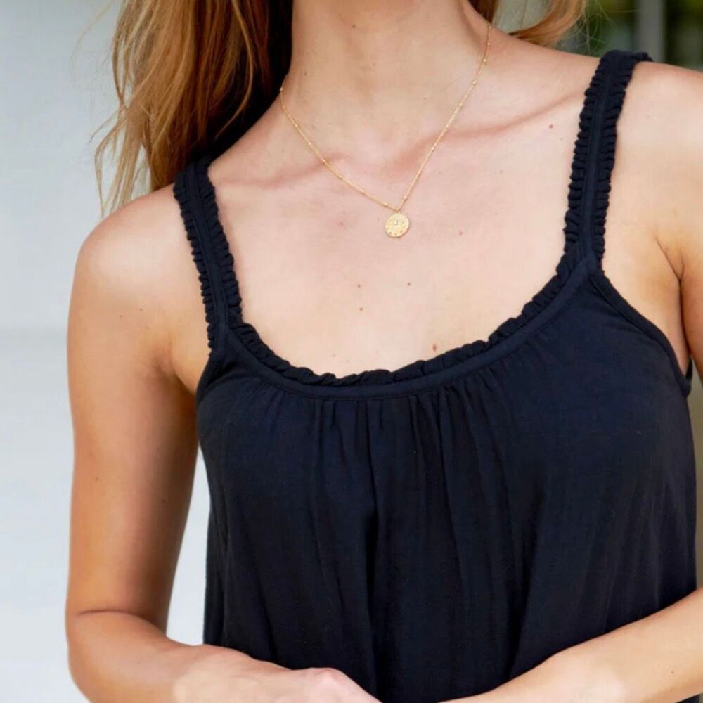 ASPIGA | Frankie Midi Dress Organic Cotton Black Ruffle Strap Gold | Size Large - Picture 3 of 13